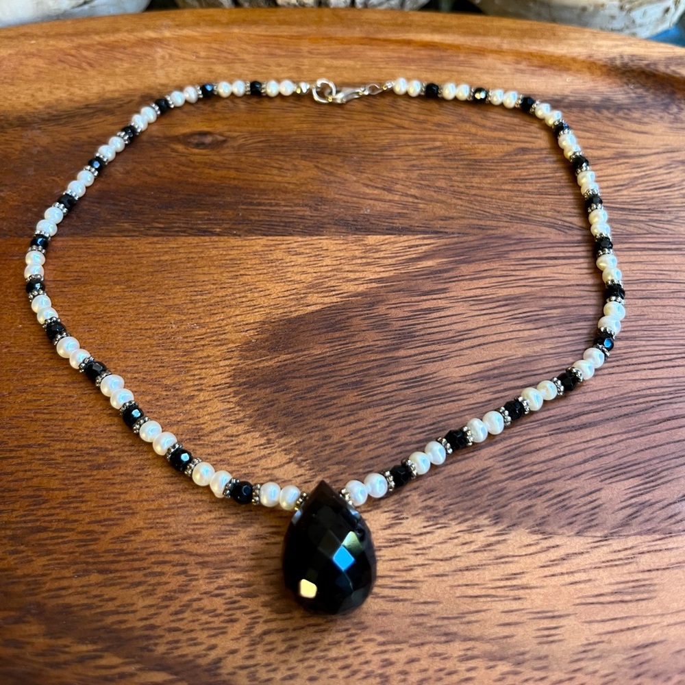 Vintage Necklace Artisan Beads Black White Silver